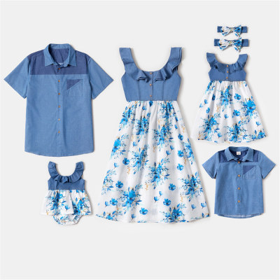 Family Matching Floral Print Sleeveless Dresses and Shirts Sets
