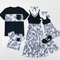 Family Clothing Floral Print Sleeveless Dresses & T-shirts Sets  Dark Blue/white