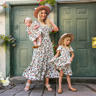Floral Print Square Collar Puff Sleeve Dress for Mom and Me