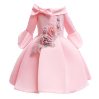 Kid Girl Festive Embroidered Three-dimensional Flowers Dress  Pink