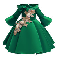 Kid Girl Festive Embroidered Three-dimensional Flowers Dress  Green