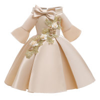 Kid Girl Festive Embroidered Three-dimensional Flowers Dress  Gold