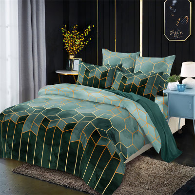 مجموعة غطاء ملاءة سرير نمط هندسي و خط ذهبي 3 قطع -  بدون لحاف أو وسادة