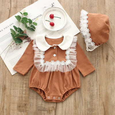 Baby Girl Color-block Lace Decor Long Sleeve Triangle Romper & Hat
