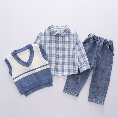 Toddler Boy Cotton Plaid Shirt & Color-block Vest & Pants Suit