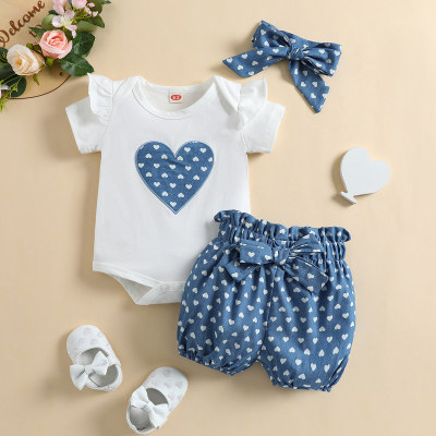 Baby Girl Valentine's Day Cute Heart-shaped Bodysuit & Polka Dots Shorts With Headband