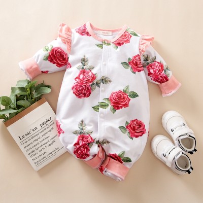 hibobi Baby Girl Sweet Floral Pattern Ruffle Long Sleeve Jumpsuit