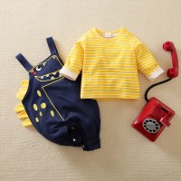 [Yuya Selected]hibobi Baby Boby Stripe Long Sleeve Top & Dinosaur Pattern Suspender Pant - Hibobi