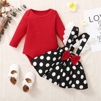 Hibobi Baby Girl Red Romper & Ruffle Black And White Wave Dots Red Bow Suspender Skirt