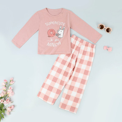 Kid Girl Rabbit Pattern Pijama Top &amp; Plaid Pants