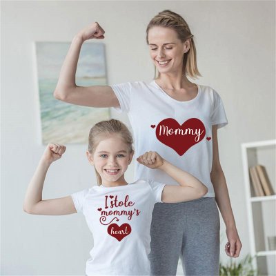 Mommy and Me Short-Sleeve Casual Letter&Love Print Matching Tee