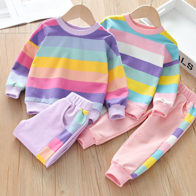 Kids Girls Striped Print Colour Block Pullover Sweatshirt & Pants Set