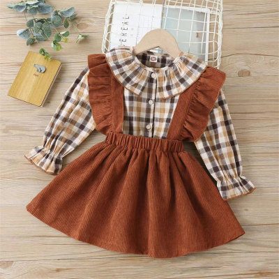 Toddler Girls Cotton Plaid Color-block Top & Skirt Dress Set