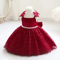 Toddler Girl Eleguard Lace Formal Dress & Removable BowKnot  Burgundy