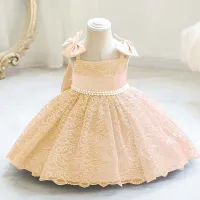 Toddler Girl Eleguard Lace Formal Dress & Removable BowKnot  Nude