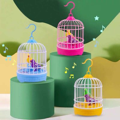 Brinquedo elétrico ativado por voz para crianças, simulação de canto de pássaros, presente de férias para crianças, música com luz de indução ativada por voz, gaiola de pássaros