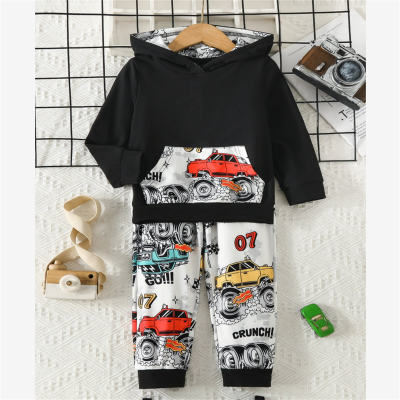 2-piece Toddler Boy Color Block Cartoon Car Print Hoodie & Full Print Pants