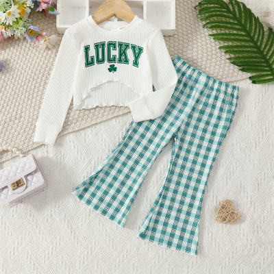 White striped green letter clover printed long-sleeved crop top plaid flared pants suit