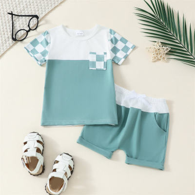 White patchwork plaid green top shorts open pocket shorts suit