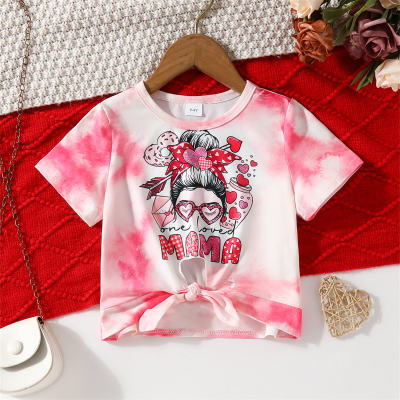 Camiseta feminina estampada com letras de desenho animado rosa de manga curta