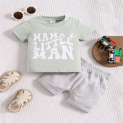 Green short-sleeved letter printed T-shirt gray open pocket shorts suit