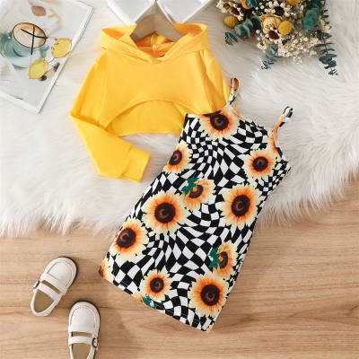 2-piece Toddler Girl Hooded Sweater Top & Sunflower Suspender Dress Suit