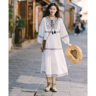 Estilo nacional vestido lanterna manga roupas femininas bordado proteção solar viagem solta