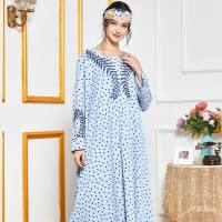 Fashion striped heavy embroidery women's temperament polka dot printing splicing long sleeve casual dress long skirt  Light Blue