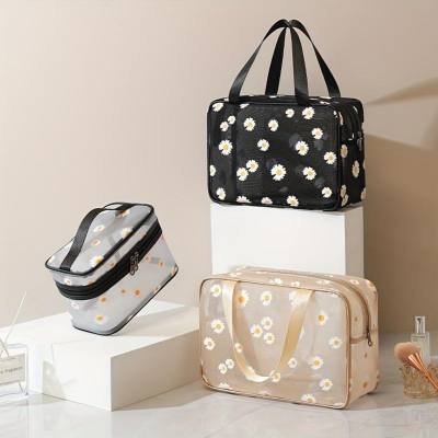 Daisy mesh makeup bag with large capacity and convenient travel toiletries bag, portable cosmetics toiletries storage bag