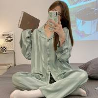 Teen Girls 2-piece Ice Silk Breathable Striped Pajama Set  Green