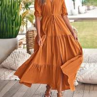 European and American women's popular V-neck button drawstring hem slit short sleeve dress  Orange
