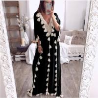 Women's Middle Eastern Large Size Robe V-Neck Blouse Tassel Stitching Dress Dress  Black