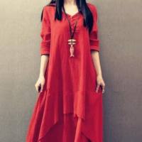 New spring and autumn fake two-piece long skirt literary big swing linen dress loose long sleeve cotton and linen skirt  Burgundy