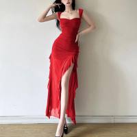 Estilo europeo y americano Primavera y novedad de verano ropa de mujer sexy tubo con tirantes vestido largo con abertura en la cadera  rojo