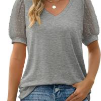 Novedad de verano, camiseta para mujer europea y americana, color sólido, cuello en V, mangas abullonadas de malla simples  gris