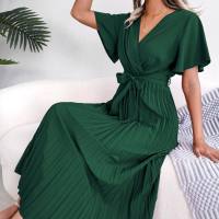 ins hot style real shot European and American spring and summer temperament cross V-neck large swing pleated long skirt women's clothing  Green