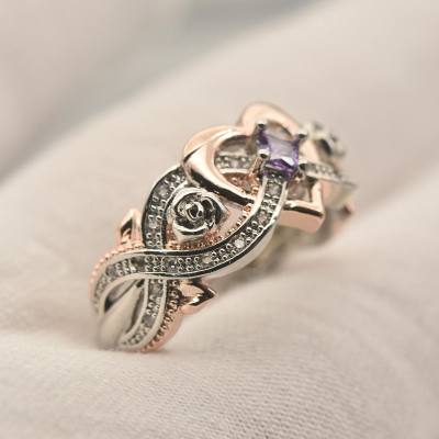 Sanjie Wish Nuevo anillo de diamante cuadrado de princesa rosa con anillo de circón de dos tonos de oro rosa en forma de amor europeo y americano