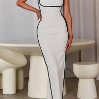Roupas femininas europeias e americanas de venda quente moda sexy suspensórios contraste cor vestido fino  Branco