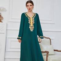 Spring, Summer and Autumn European and American high waist waist Chinese style retro printed pullover long skirt green embroidered dress  Green