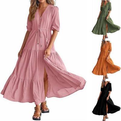 Beliebtes kurzärmliges Kleid mit V-Ausschnitt, Knopfleiste und Kordelzug am Saum für Damen in Europa und Amerika