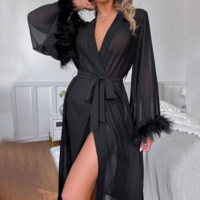 European and American summer new imitation silk feather long sleeve pajamas robe comfortable straps ladies home clothes