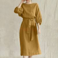 New style temperament medium-length high waist tie solid color round neck dress ladies party dress  Yellow