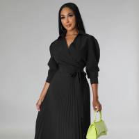 Spring and Summer Long Sleeve Polo Neck High Waist Fashion Casual Pleated Women's Dress  Black