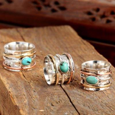 Mingcheng desejo novo vintage turquesa banhado a três cores anéis masculinos e femininos anéis de pedras preciosas de casamento europeus e americanos