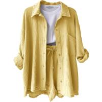 ملابس نسائية أوروبية وأمريكية ذات طية صدر مجعدة وأكمام طويلة قميص عالي الخصر برباط شورت عصري غير رسمي مكون من قطعتين  أصفر