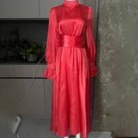 Neue europäische und amerikanische Rundhals-Lotusblatt-Ärmel hohe Taille Kreuz Stapelgurt Temperament schlankes Kleid  rot