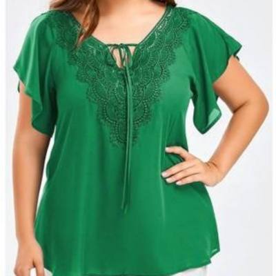 Women's trumpet sleeve short-sleeved T-shirt lace patchwork top plus size women's clothing