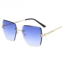 Neue europäische und amerikanische Trend-Sonnenbrille mit rahmenlosen Gläsern, modische polygonale Sonnenbrille aus Metall, Persönlichkeit mit zweifarbigen Gläsern  Blau