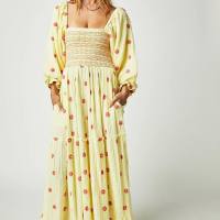 New autumn casual trumpet sleeves embroidered square collar sunflower swing dress  Light Yellow