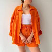European and American women's clothing wrinkled lapel long-sleeved shirt high waist drawstring shorts fashionable casual two-piece suit  Orange